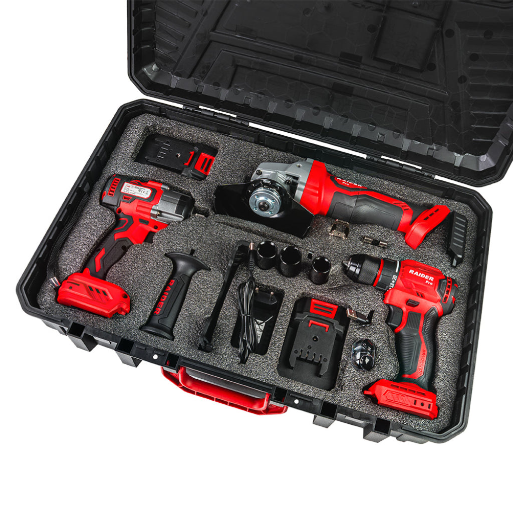 Комплект бормашина и винтоверт 50 nm, гайковерт 1/2 320 nm, ъглошлайф 125 мм с батерия 2 x 2ah RAIDER PRO