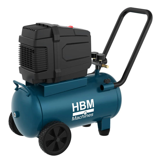 Компресор HBM Холандия 24 л без масло, 8-10 бара, 140 л/мин., преносим на колелца, тих, ниска поддръжка