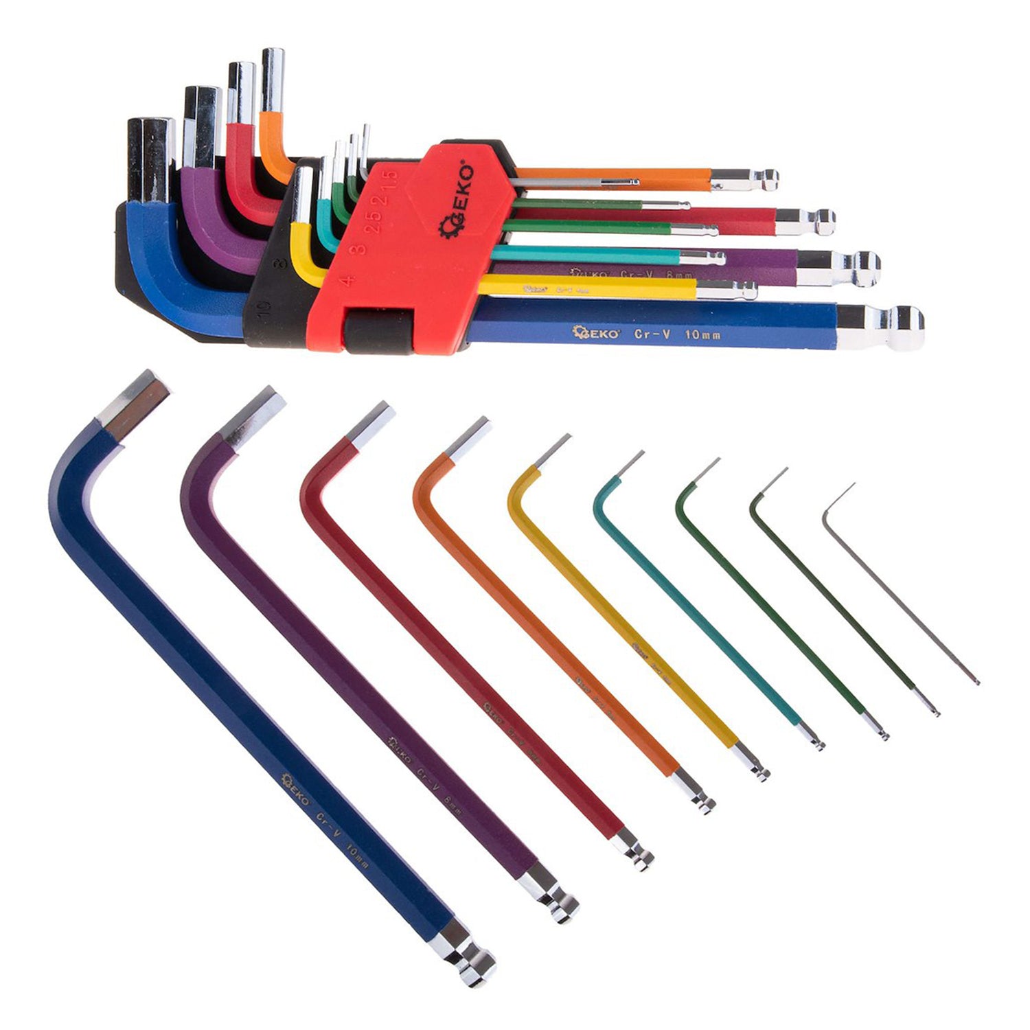 Комплект 9 ключове имбус тип L, цветни с опора GEKO