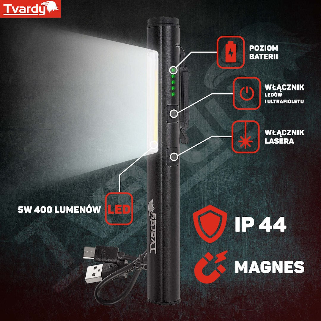 Акумулаторна LED COB лампа с лазер и UV, с магнит, 5W, 800mAh, 400 лумена