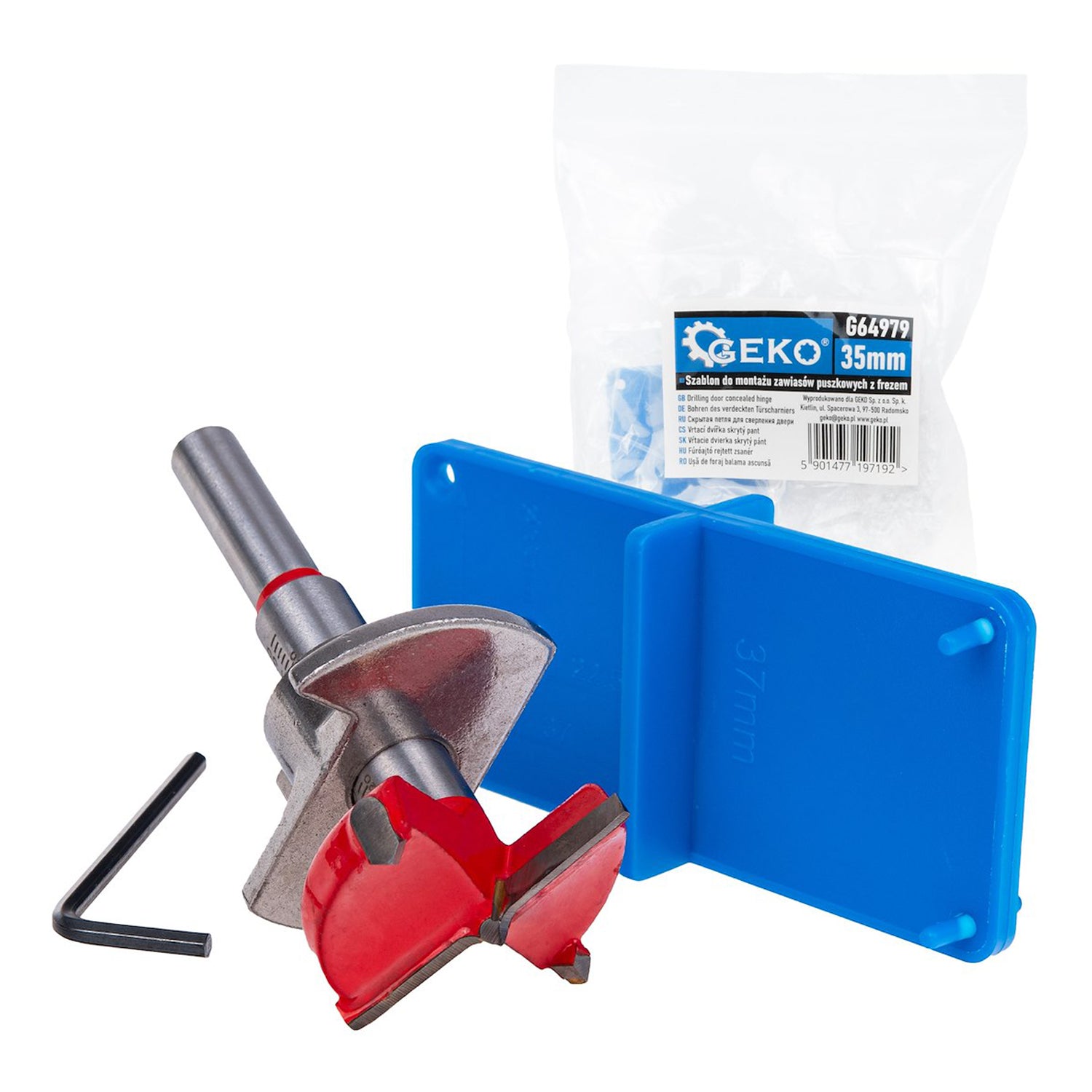 Шаблон за монтаж на панти тип чаша с регулируема фреза 35 мм GEKO