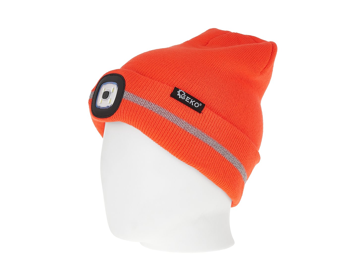 Зимна шапка със зареждащо се LED фенерче и отразителна лента, оранжева