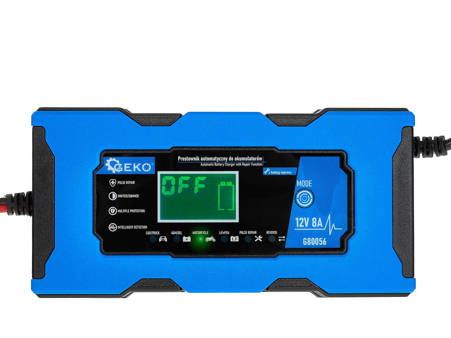 Зарядно устройство за автомобилни и мотоциклетни акумулатори с 12V 8A LCD дисплей и функция за ремонт GEKO