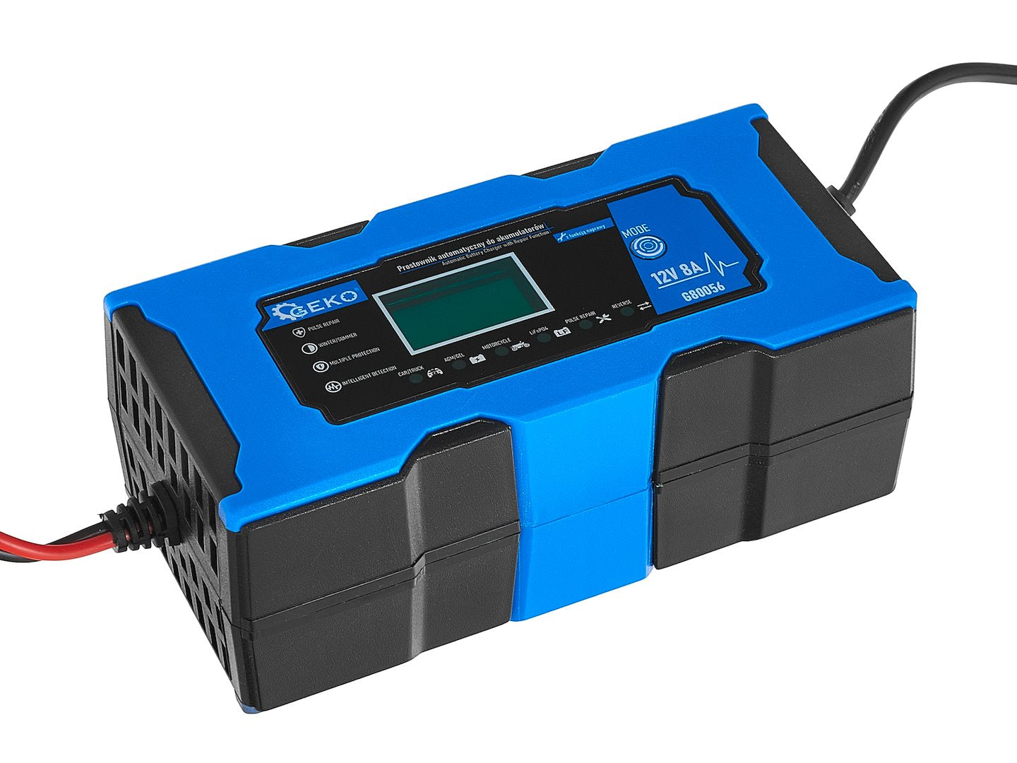 Зарядно устройство за автомобилни и мотоциклетни акумулатори с 12V 8A LCD дисплей и функция за ремонт GEKO