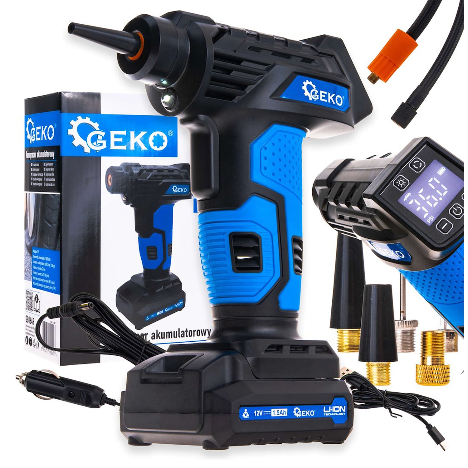 Преносим компресор за автомобил с батерия 12V и LCD дисплей GEKO