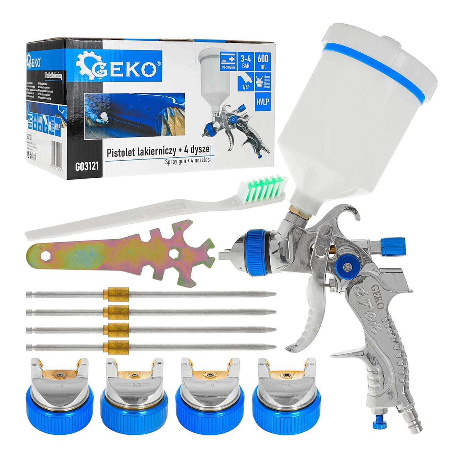 Бояджийски пистолет HVLP 600 мл с 4 дюзи 1,4-1,7-2,0-2,5