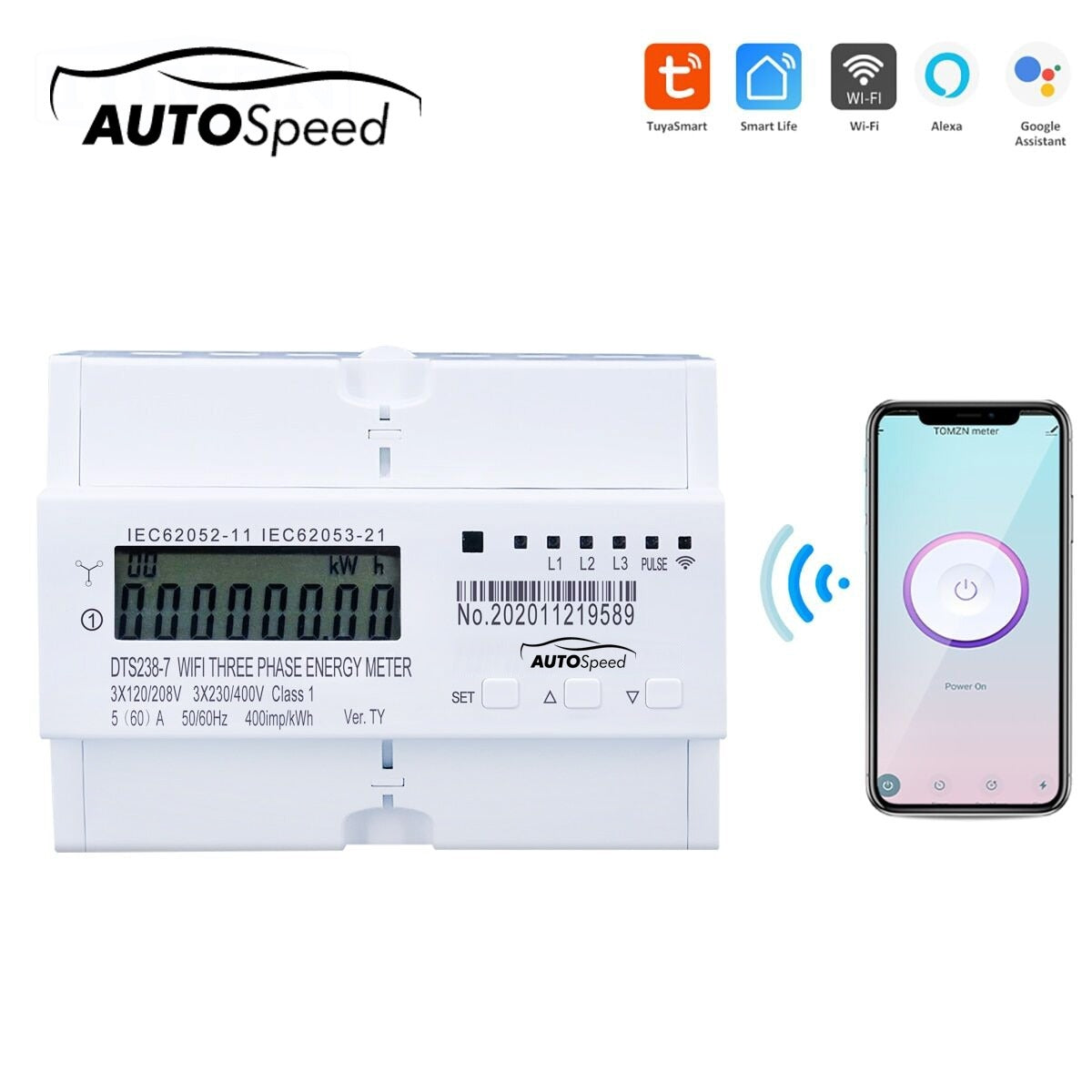 Смарт метър трифазен 380V, 80A, DTS238-7 WIFI съвместим с Tuya, Smart Life, интелигентен електромер