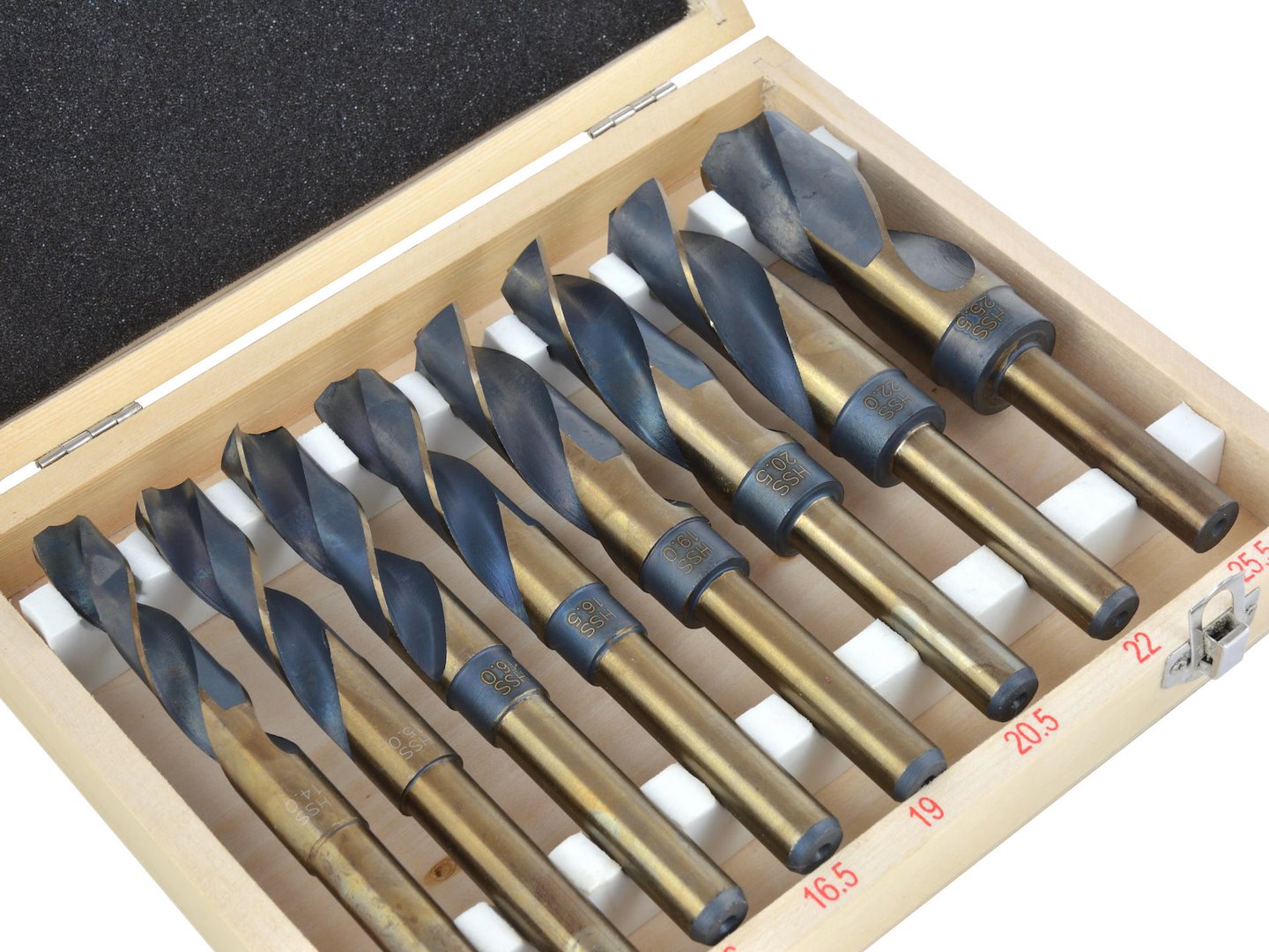 Комплект 8 свредла HSS-Co (5% кобалт) 14–25,5 мм, 1/2", ъгъл 130° – за твърди метали и дърво