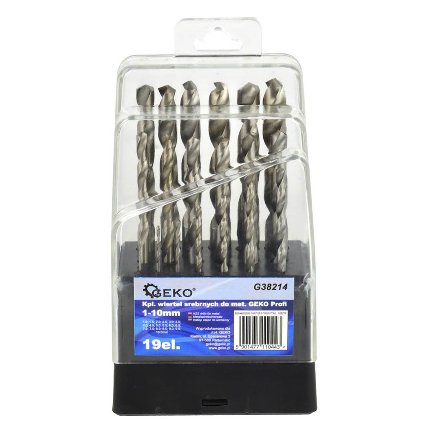 Комплект 19 HSS свредла за метал, 1-10 мм, цилиндрично закрепване, ъгъл на върха 135°