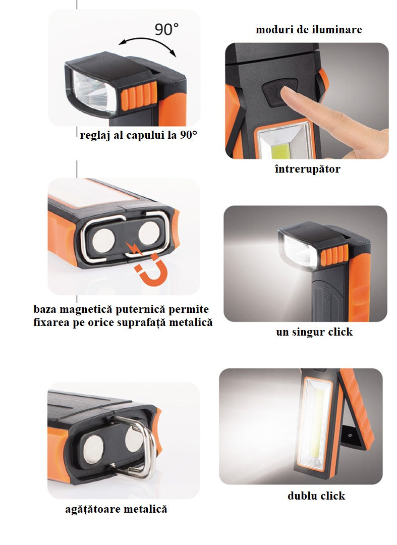 LED работна лампа COB 160 lm + 50 lm VERKE – магнитна, с кука, въртяща се глава на 90°