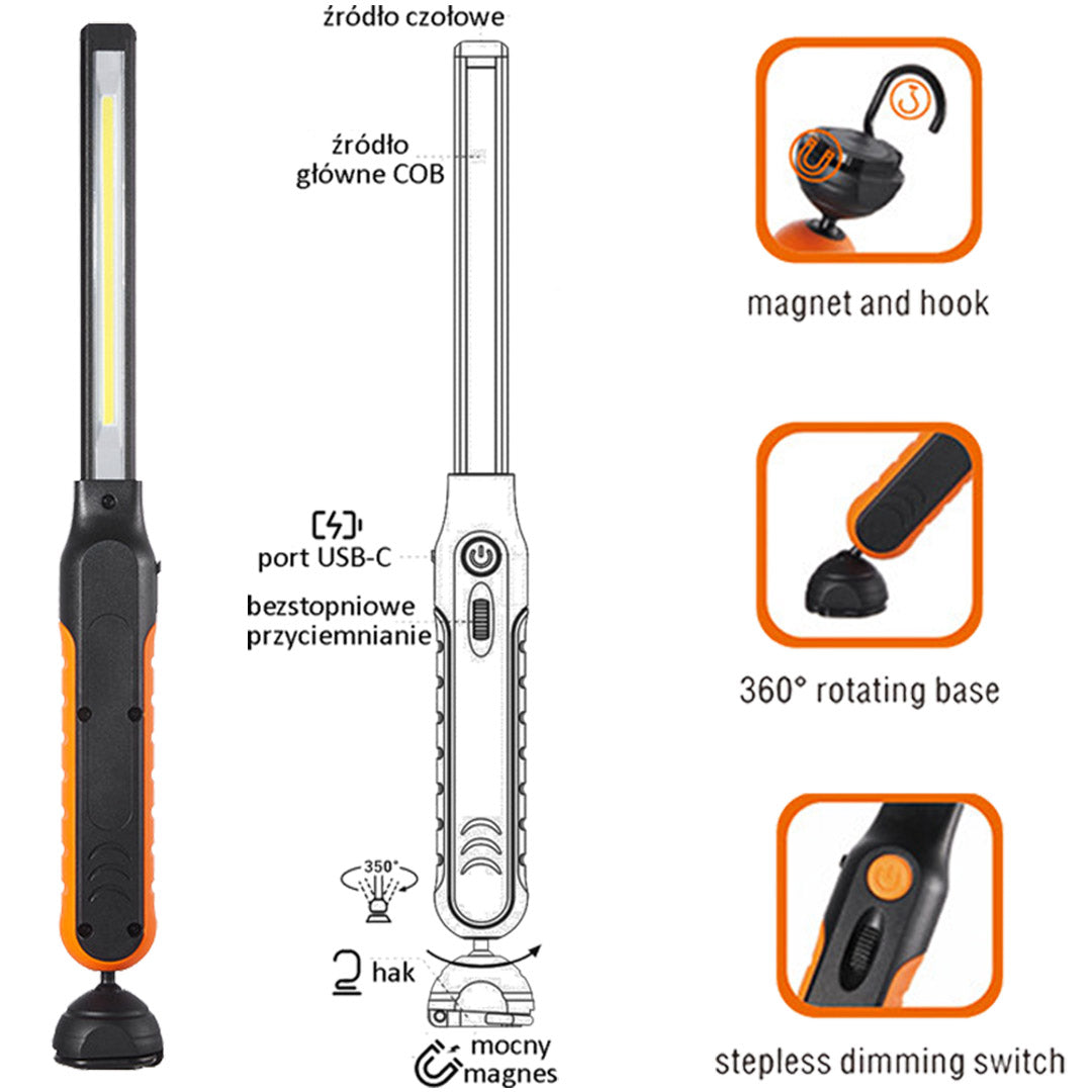 LED работна лампа 1000 lm – презареждаема с акумулатор 2000 mAh, регулиране на яркостта с димер – VERKE