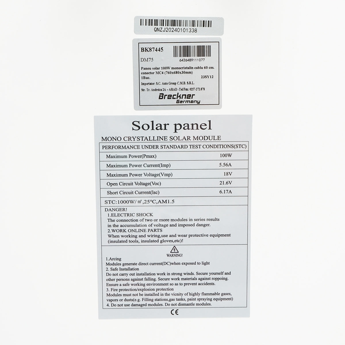 Соларен панел 100W фотоволтаичен монокристален 760x680х30мм Breckner Germany