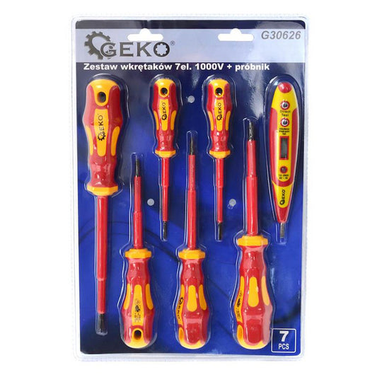 Комплект изолирани отвертки за електротехници 1000V и цифров тестер за напрежение 7 броя GEKO