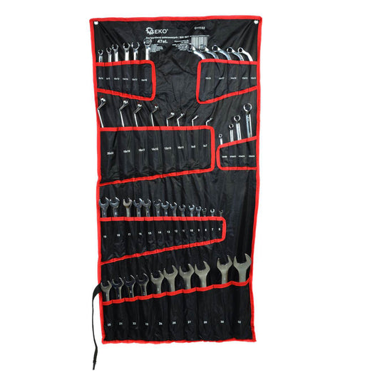 Пълен комплект от 47 гаечни ключа CRV – с фиксиран пръстен, с ъглов пръстен, полумесечни и тръбни гаечни ключове – GEKO
