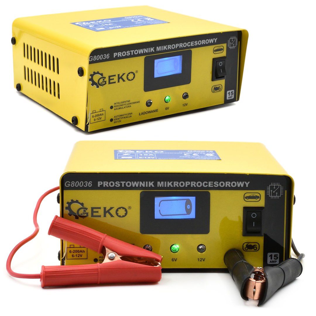 Зарядно устройство микропроцесор LCD 6/12V 15A за автомобилни акумулатори 6-200Ah - GEKO