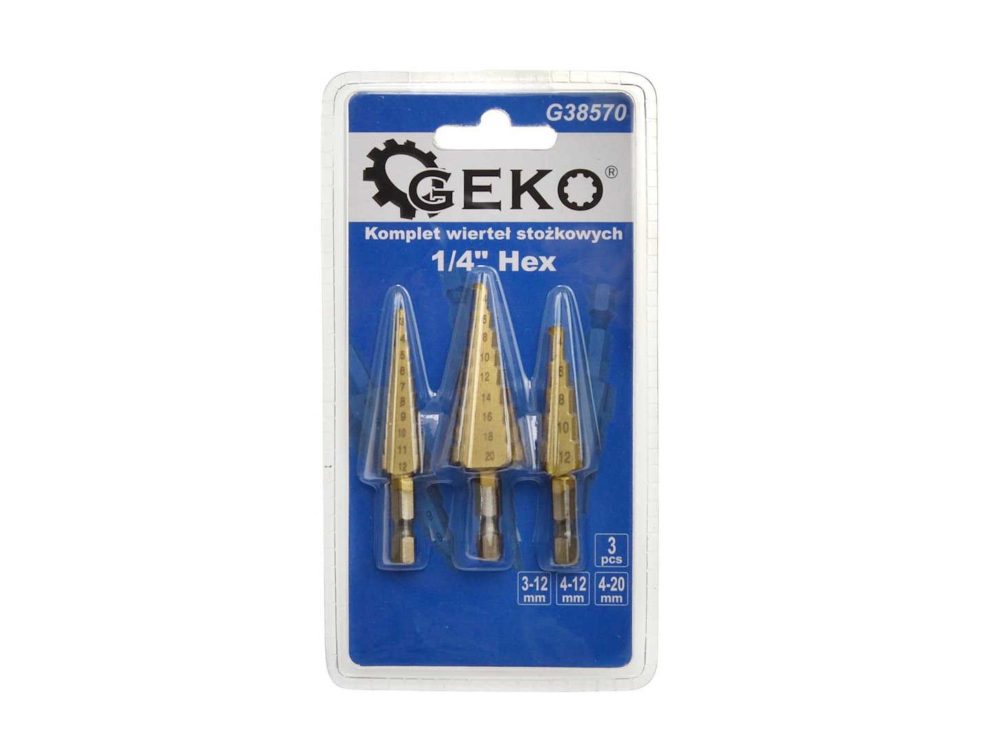 Комплект 3 конусни стъпаловидни HSS свредла шестограм 1/4" (3-12 / 4-12 / 4-20 мм) - GEKO