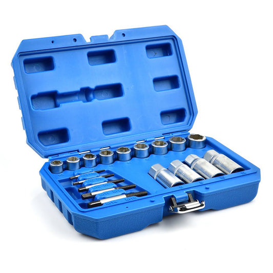 Комплект 18 части екстрактори и вложки за счупени винтове, повредени гайки и щифтове, 3/8" и 1/2", 6–19 мм, М3–М18, CR-V