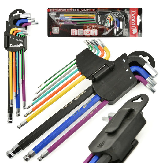 Комплект 9 цветни L-образни имбус ключа с топче 1,5-10 мм