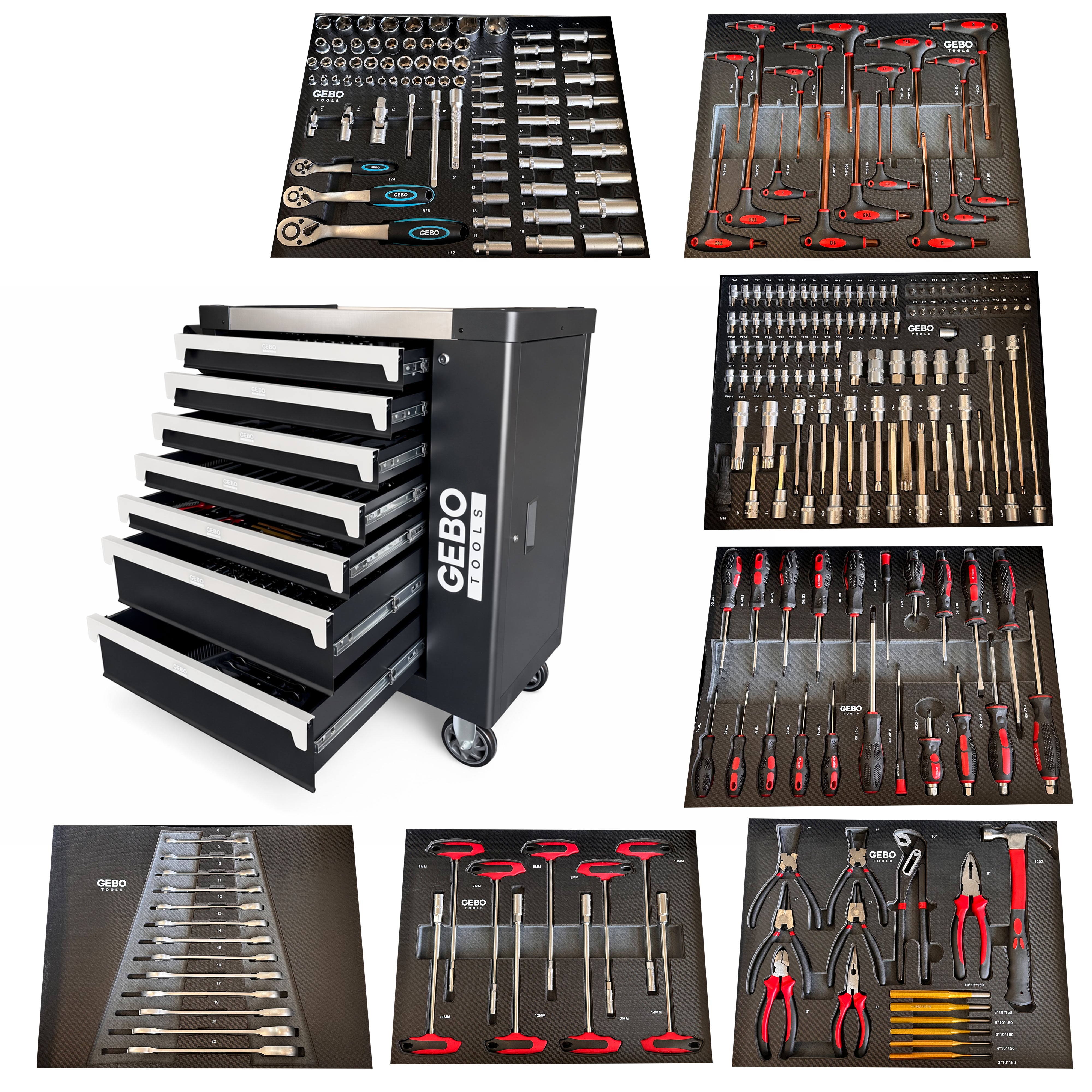 Професионален шкаф с инструменти с 7 чекмеджета, 7 карбонови модула и 262 части GEBO TOOLS