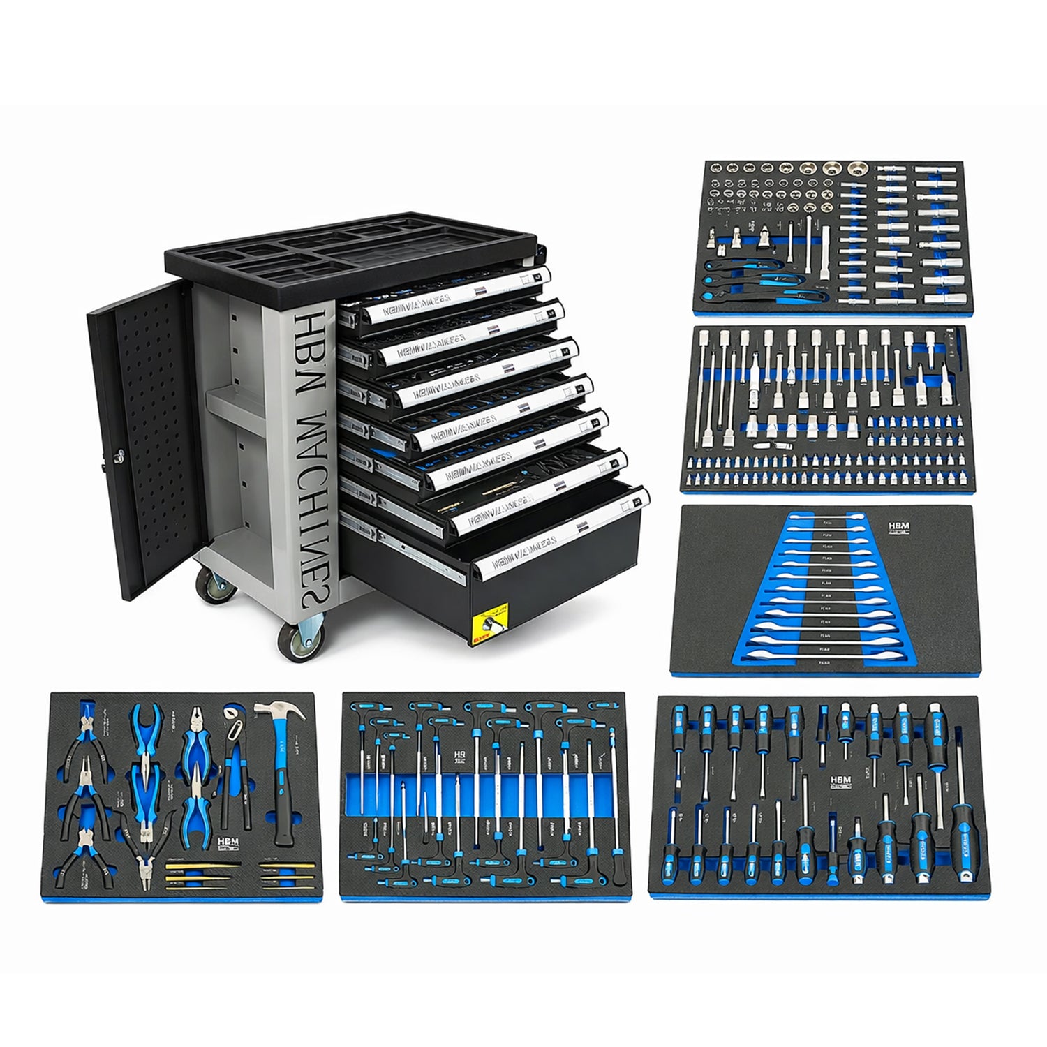Професионален шкаф с инструменти HBM със 7 чекмеджета, 245 броя, 6 модула карбон - Холандия, Premium
