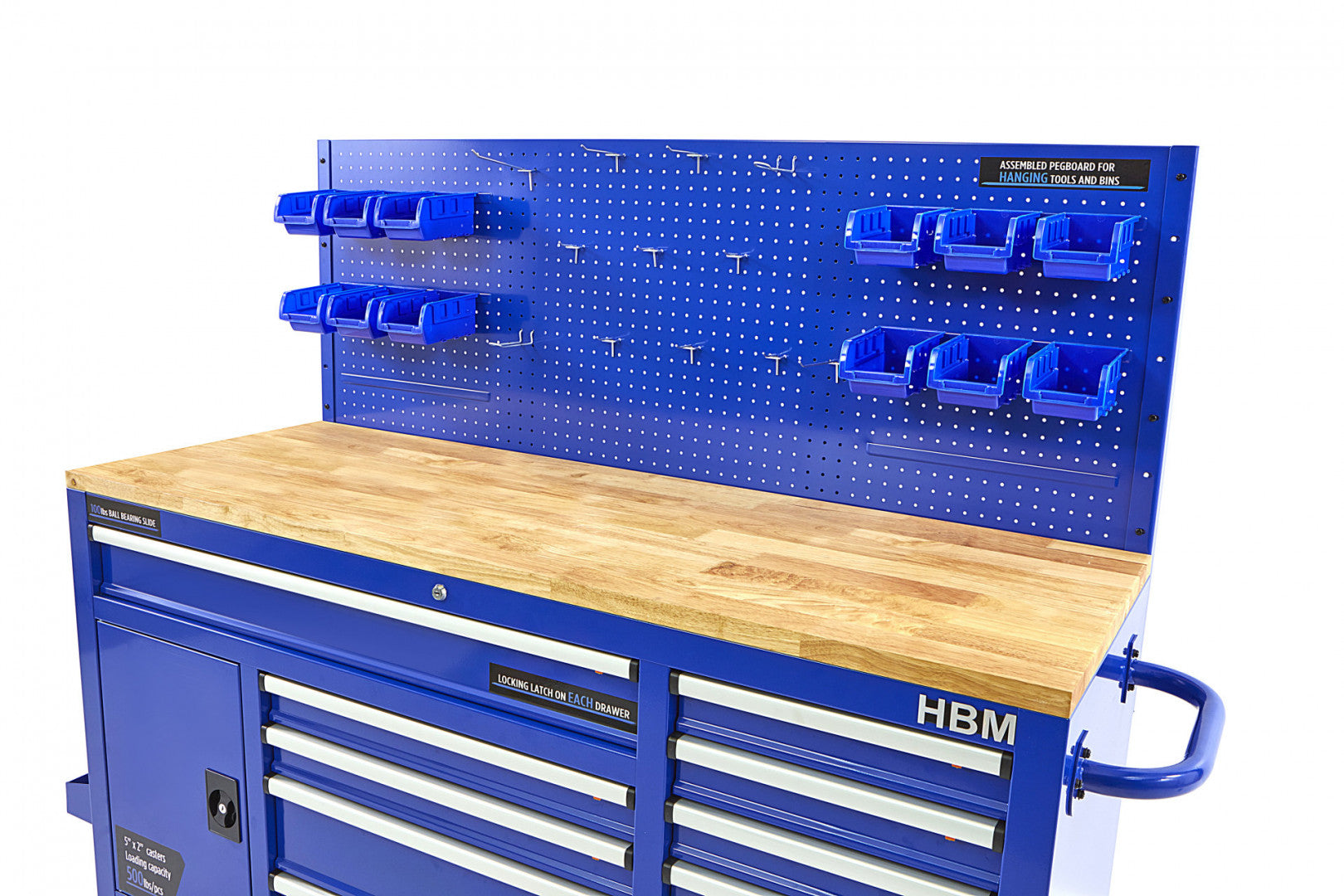 Шкаф за инструменти с панел и плот от масивно дърво 158 см HBM син