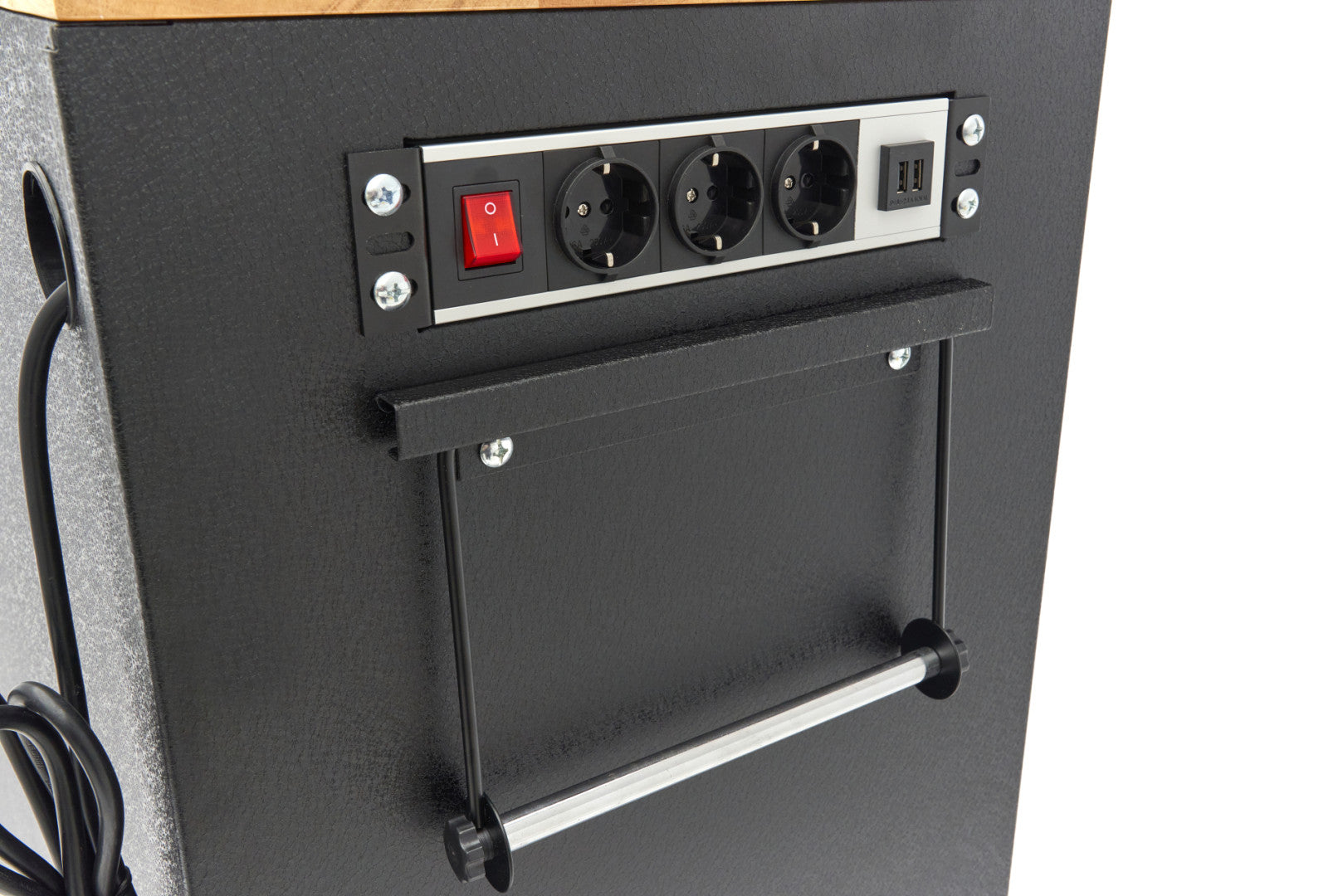 Професионална работна маса с 18 чекмеджета 168 см, дървен плот и контакт 220V/USB HBM