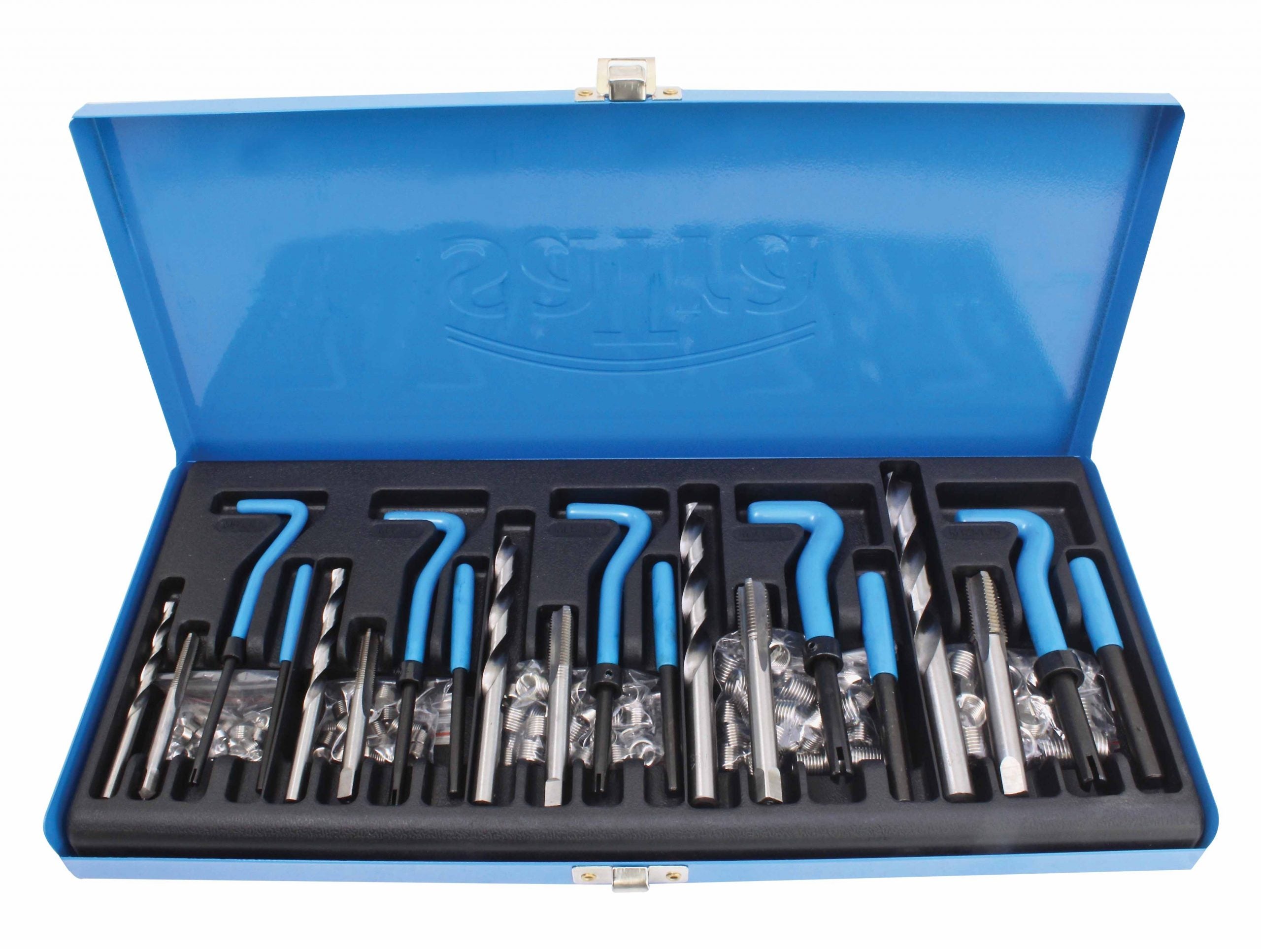 Комплект 131 части за ремонт на резби M5-M12 с вложки от неръждаема стомана, HSS свредла и метчици