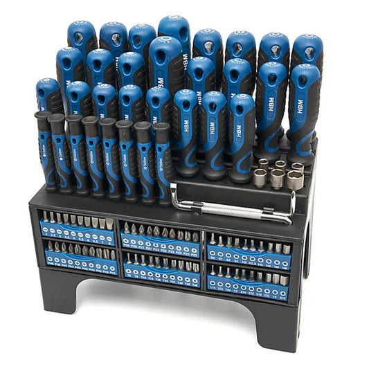 Комплект 100 части: отвертки, битове, вложки, стойка Rack, стомана CRV, дръжка Soft Grip, HBM Холандия