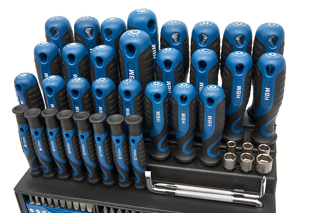 Комплект 100 части: отвертки, битове, вложки, стойка Rack, стомана CRV, дръжка Soft Grip, HBM Холандия