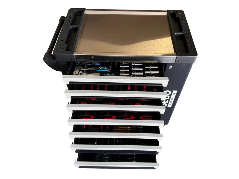 Професионален шкаф с инструменти с 7 чекмеджета, 7 карбонови модула и 262 части GEBO TOOLS