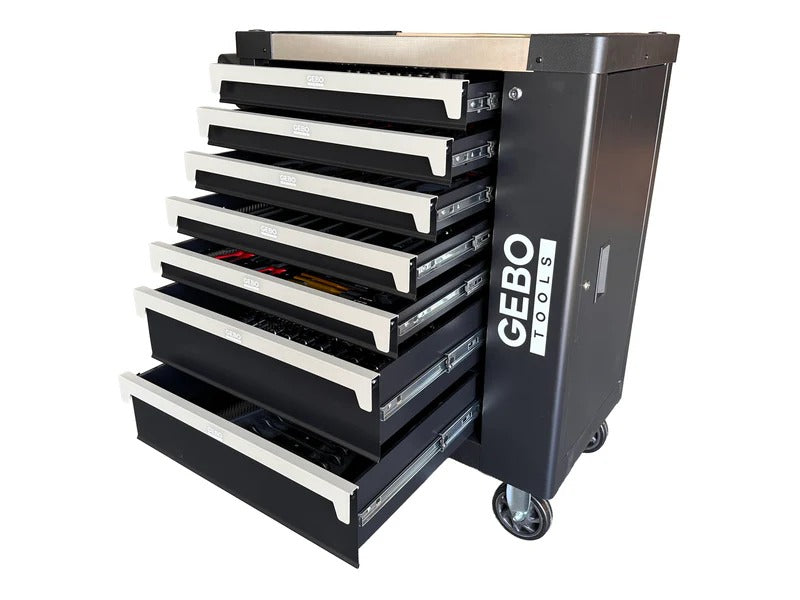 Професионален шкаф с инструменти с 7 чекмеджета, 7 карбонови модула и 262 части GEBO TOOLS