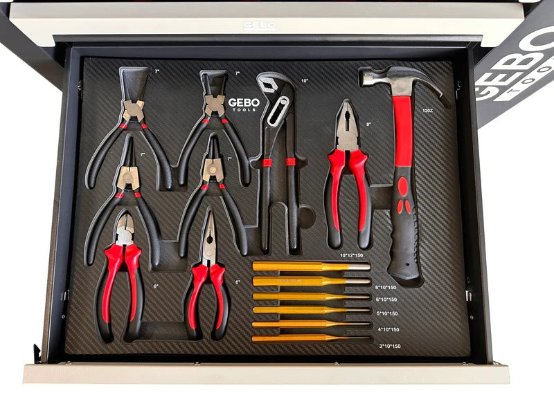 Професионален шкаф с инструменти с 7 чекмеджета, 7 карбонови модула и 262 части GEBO TOOLS