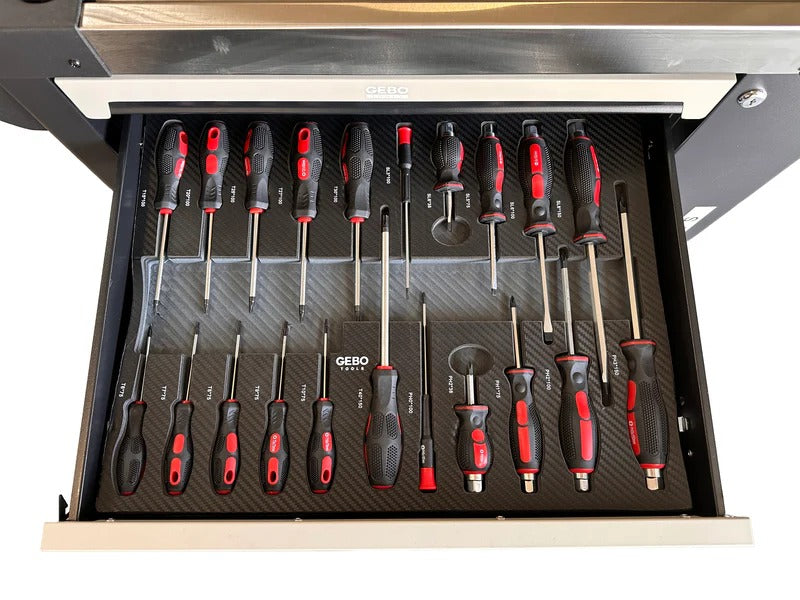 Професионален шкаф с инструменти с 7 чекмеджета, 7 карбонови модула и 262 части GEBO TOOLS