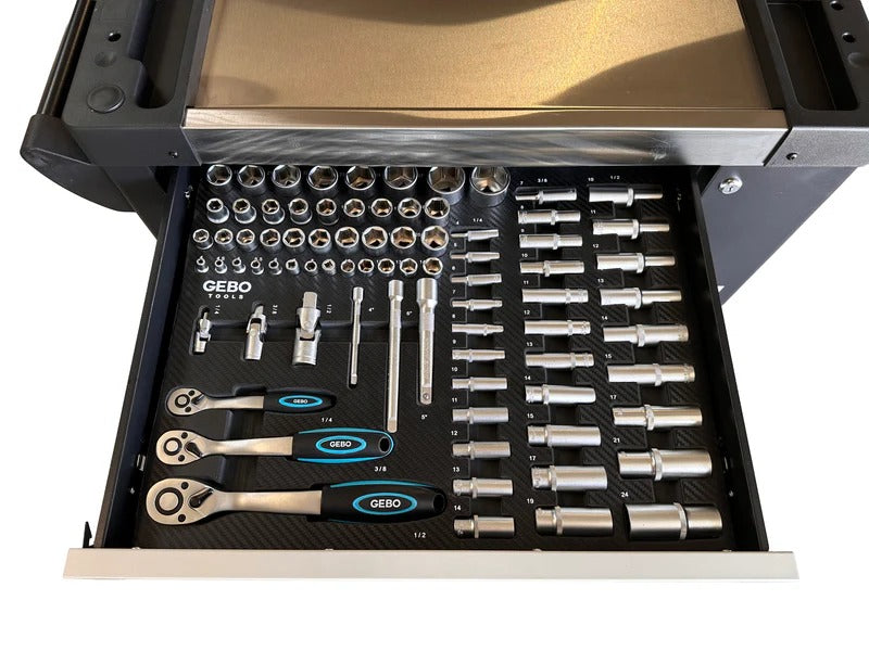 Професионален шкаф с инструменти с 7 чекмеджета, 7 карбонови модула и 262 части GEBO TOOLS