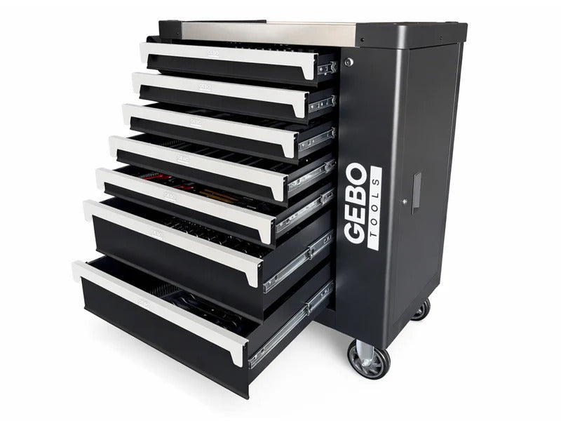 Професионален шкаф с инструменти с 7 чекмеджета, 7 карбонови модула и 262 части GEBO TOOLS
