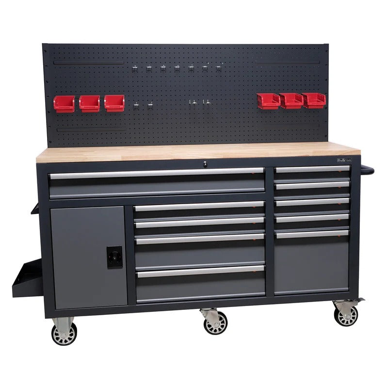 Метален работен шкаф с 10 чекмеджета, плот от масивно дърво, панел за инструменти – BULLRAM