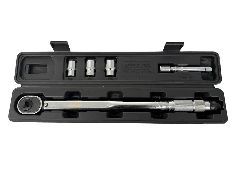 Комплект динамометричен ключ 1/2" 5 части, 28-210 Nm, вложки 1/2" 17-19-21 мм, удължител 1/2" GEBO TOOLS