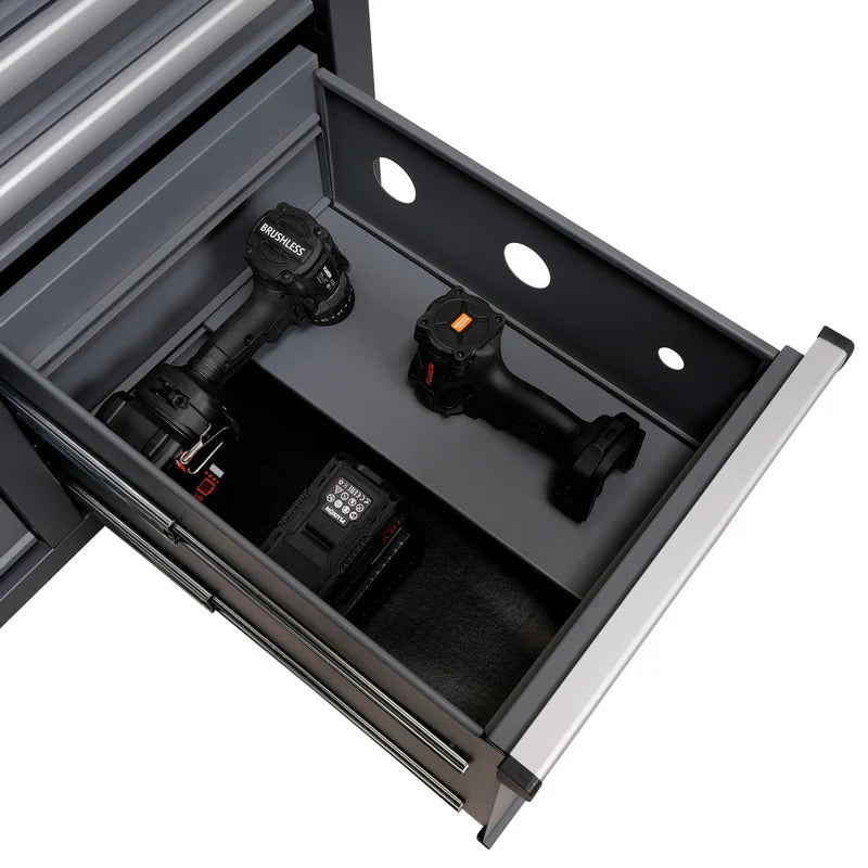 Метален работен шкаф с 10 чекмеджета, плот от масивно дърво, панел за инструменти – BULLRAM