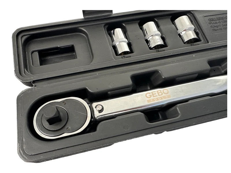 Комплект динамометричен ключ 1/2" 5 части, 28-210 Nm, вложки 1/2" 17-19-21 мм, удължител 1/2" GEBO TOOLS