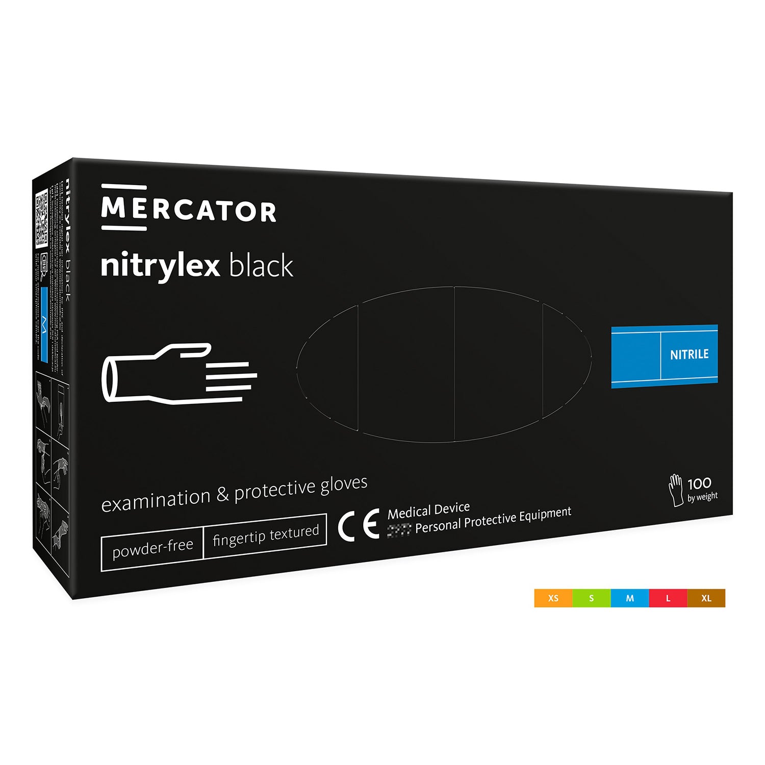 Медицински нитрилни ръкавици без пудра PREMIUM MERCATOR черни, размер S 100 бр.