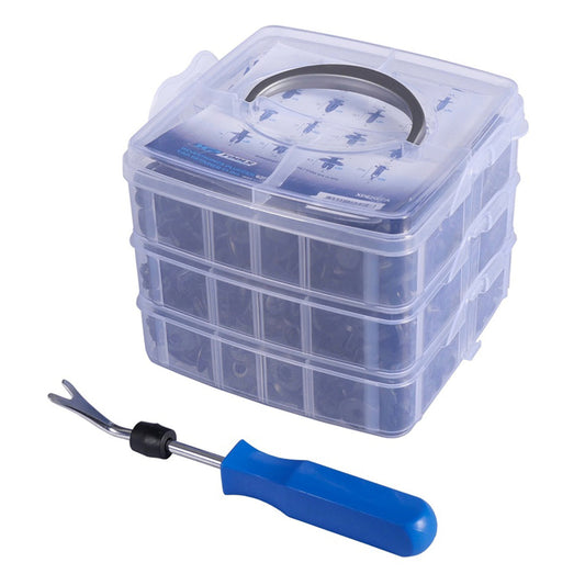 Комплект инструмент за скоби на тапицерия с универсални клипсове и скоби 620 части НВМ