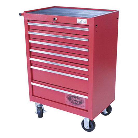 Необорудван метален шкаф за инструменти с 7 чекмеджета, червен, с колелца SATRA